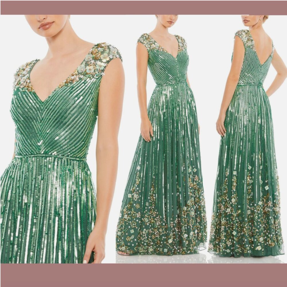 NWT$798 Mac Duggal [ 8 ] Sequin Floral Embellished Evening Gown Sage Green‎ Q728